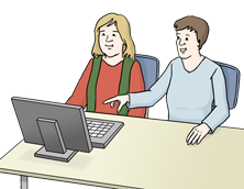 Ein Mann unterstützt eine Frau am Computer Ein Mann unterstützt eine Frau am Computer