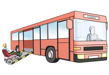 Ein Schüler im Roll-Stuhl fährt selbständig über eine Rampe in den Bus Ein Schüler im Roll-Stuhl fährt selbständig über eine Rampe in den Bus